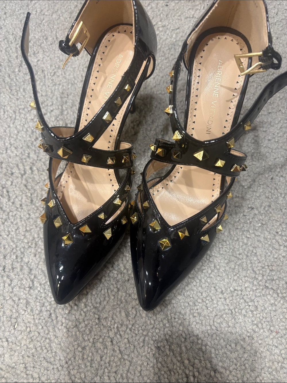 Adrienne Vittadini Black Patent Pointed-Toe Studded Heels